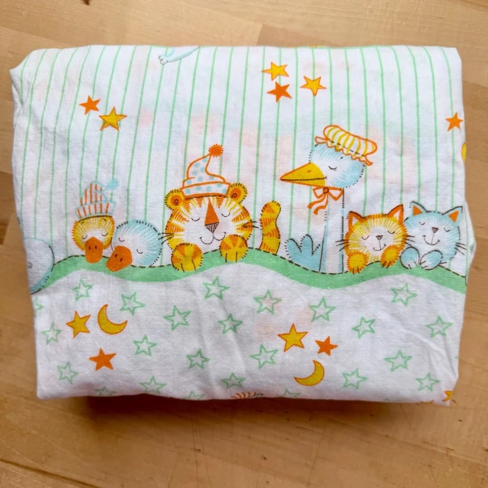 Vintage Fitted Crib Sheet White Yellow Animal Cotton Baby Bedding Cottagecore OS